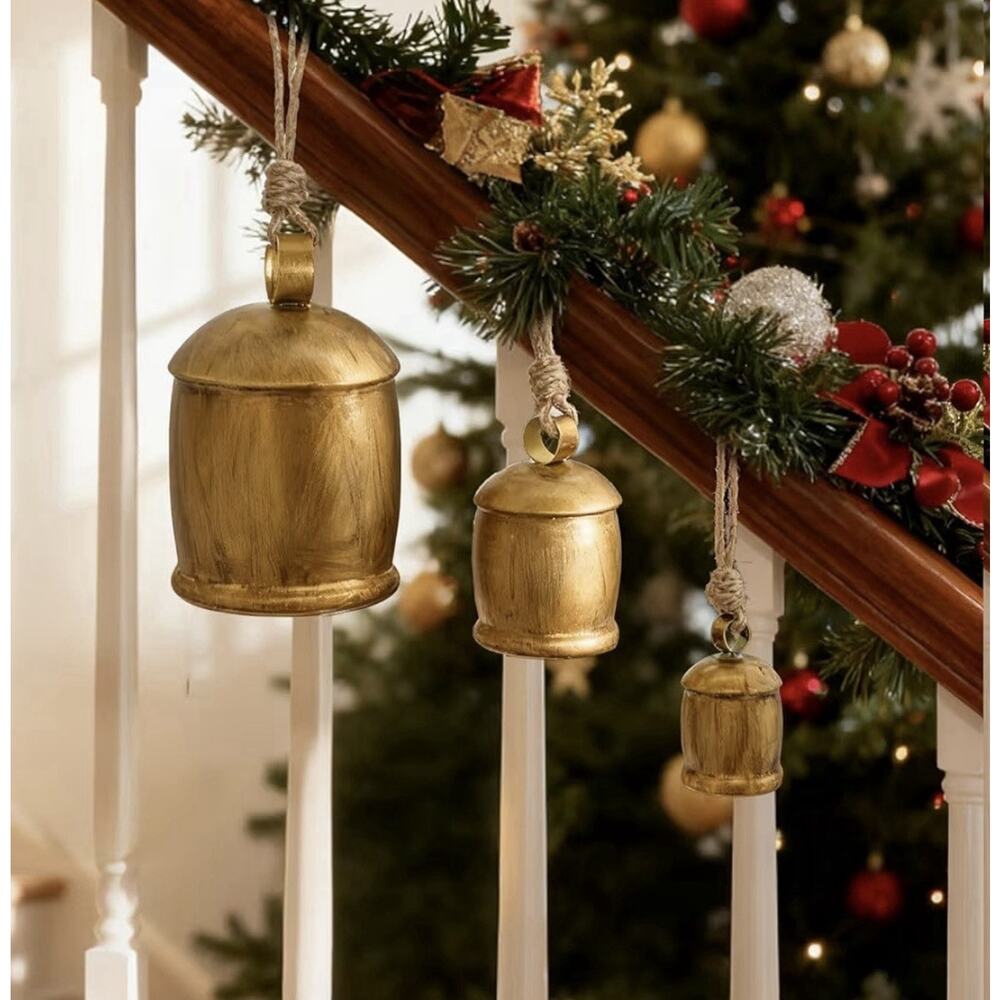 Rustic Metal Christmas Bells Set of 3 Farmhouse Hanging Door Tree Decor - Picture 4 of 8